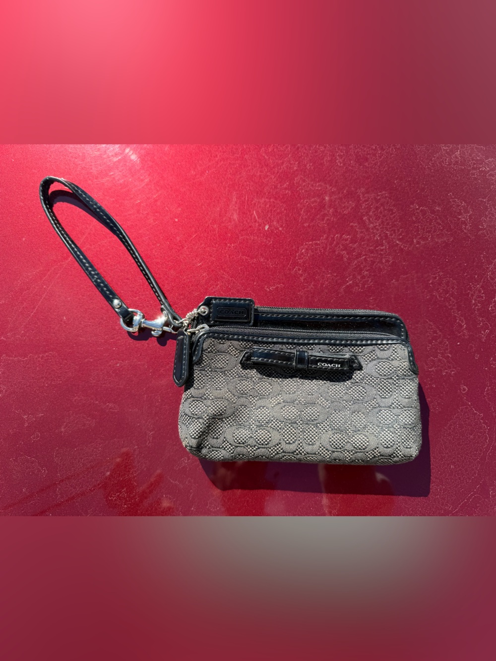 Coach Gray Signature Wristlet with Black Leather Trim